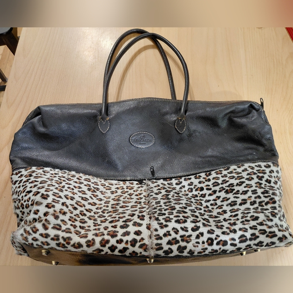 Leopard Print and Black Leather Tote Bag
